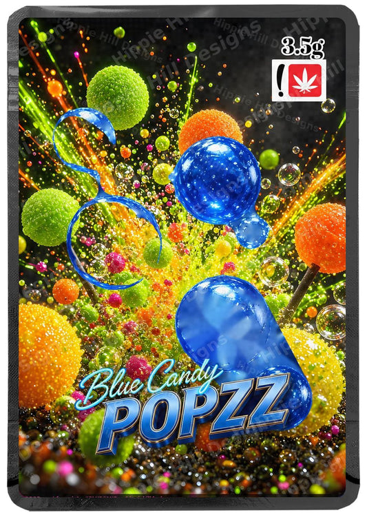 Blue Candy Popzz custom printed mylar bag